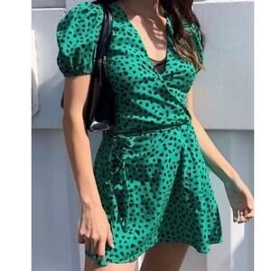 Urban Outfitters Kelly Green Dalmation Preppy Hipster Coquette Wrap Mini Dress